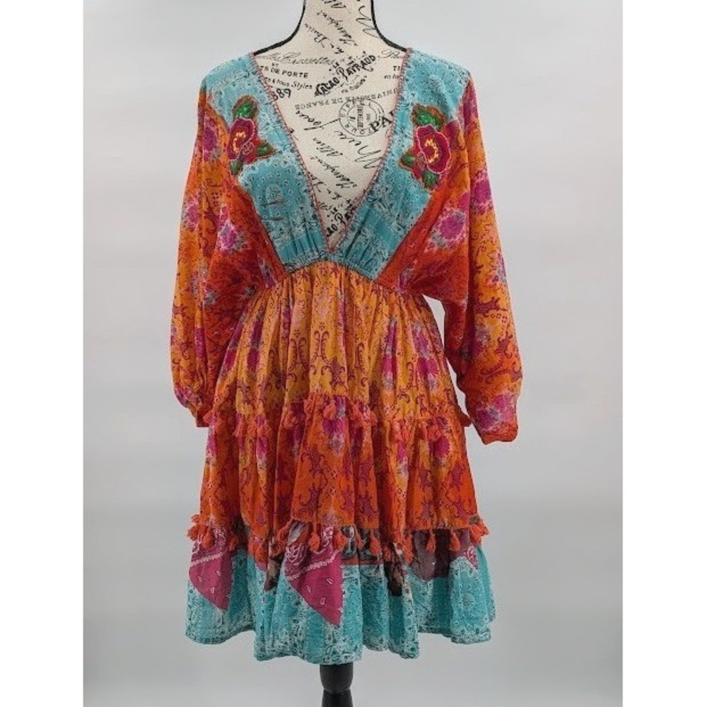 Antica Sartoria Boho Mini Dress Floral Cotton Orange Blue One Size